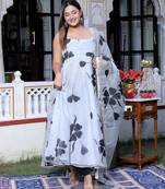 Gray organza printed  kurta pant with duptta