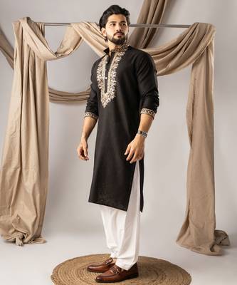 Black color smart embroidered kurta for rich classy men's looks 4