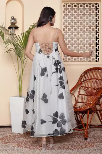 Gray organza printed  kurta pant with duptta