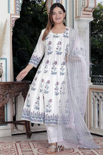 White block print anarkali kurta pant with duptta