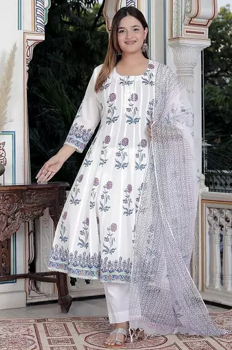 White block print anarkali kurta pant with duptta