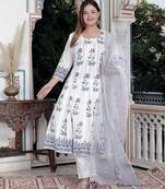 White block print anarkali kurta pant with duptta