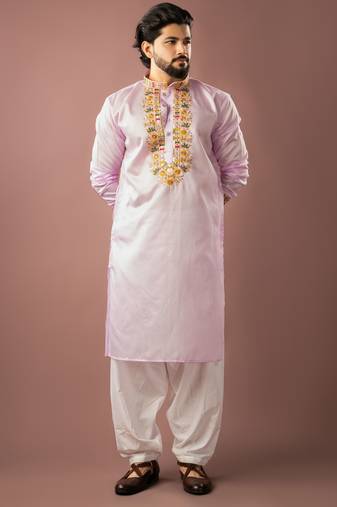 Baby pink color smart embroidered kurta for rich classy men's looks