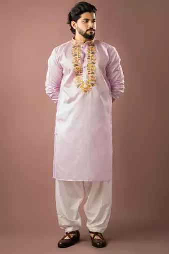 Baby pink color smart embroidered kurta for rich classy men's looks