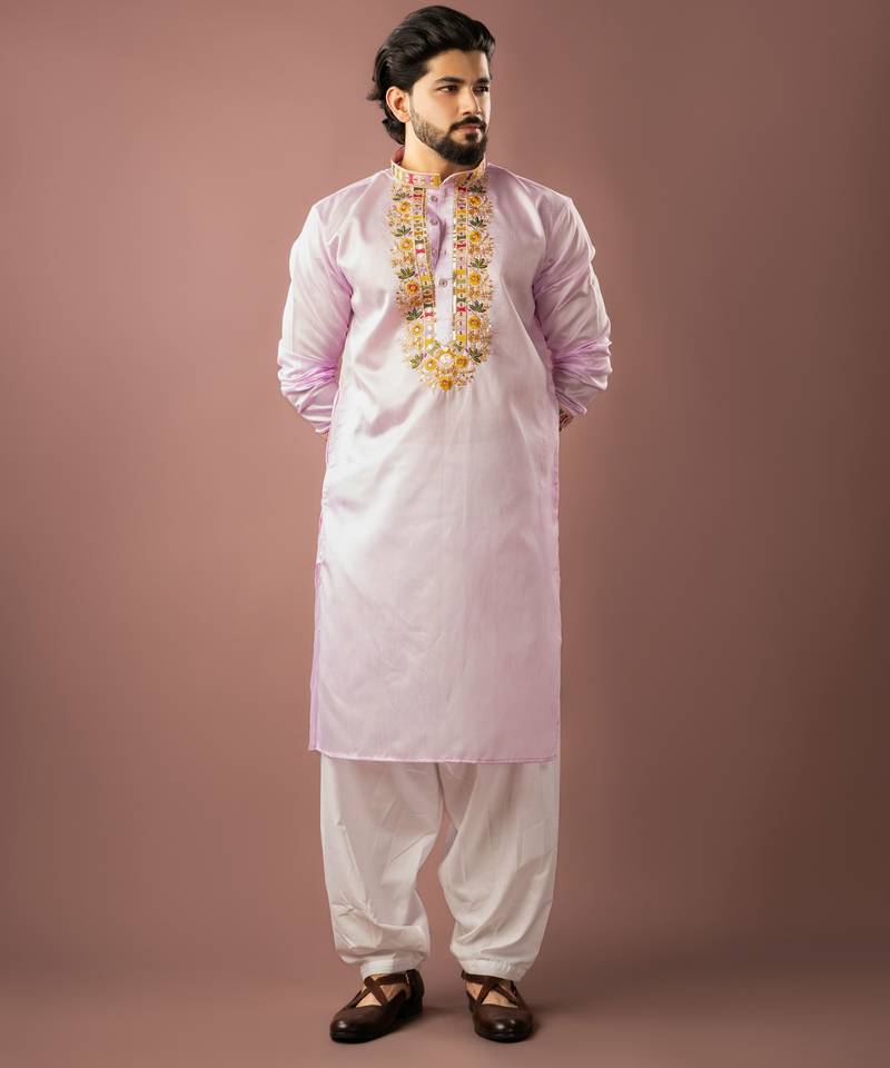 Baby pink color smart embroidered kurta for rich classy men's looks