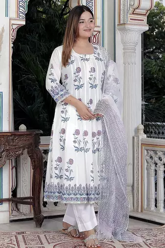 White block print anarkali kurta pant with duptta