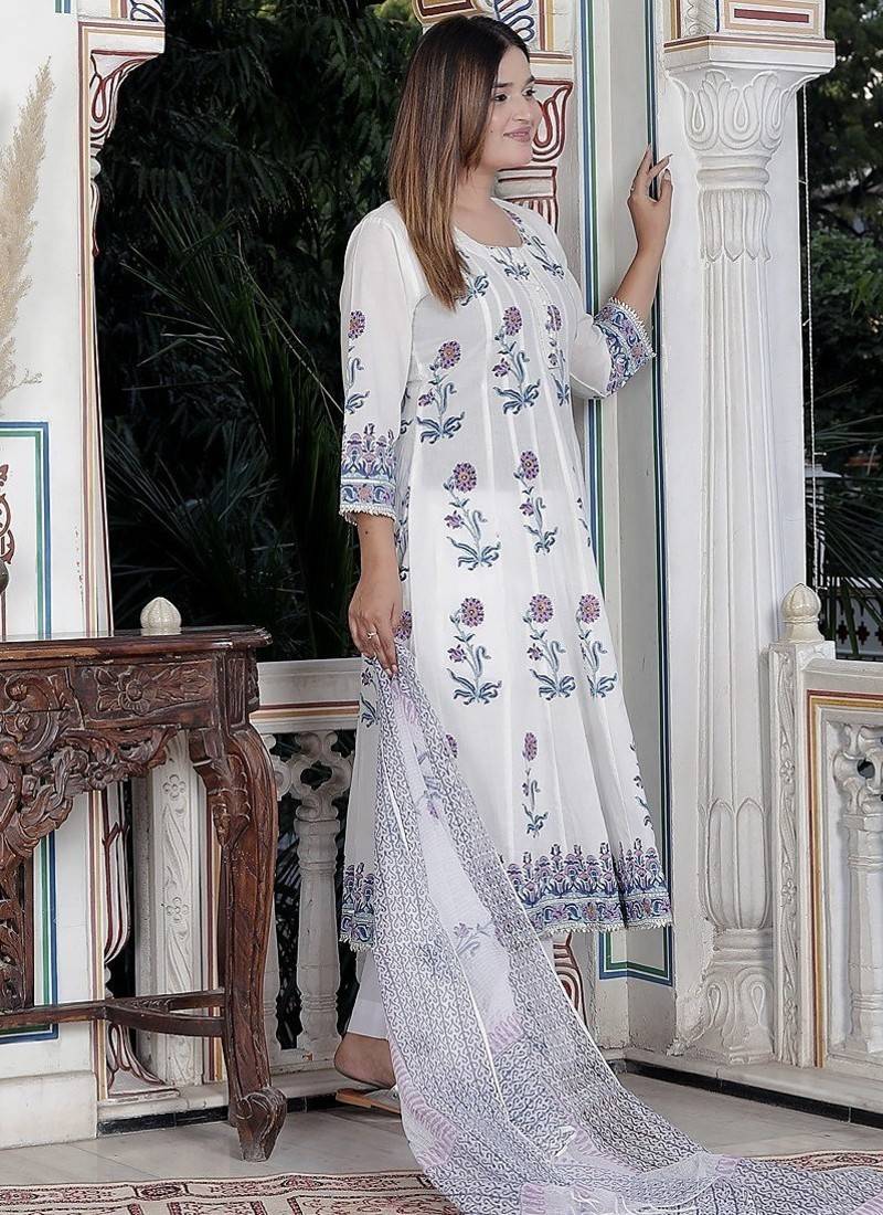 White block print anarkali kurta pant with duptta
