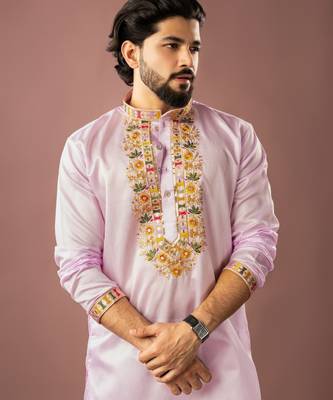 Baby pink color smart embroidered kurta for rich classy men's looks 2