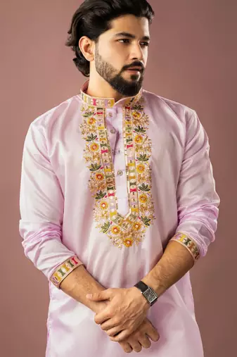 Baby pink color smart embroidered kurta for rich classy men's looks