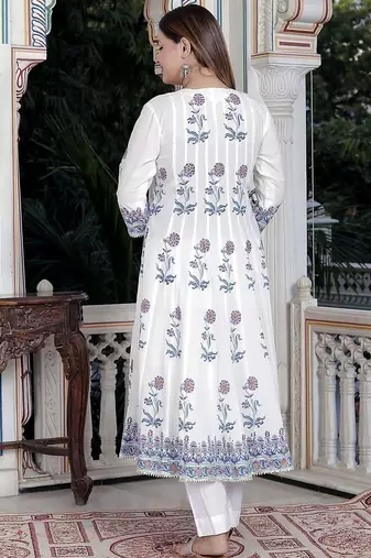 White block print anarkali kurta pant with duptta