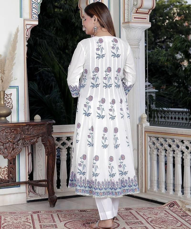 White block print anarkali kurta pant with duptta