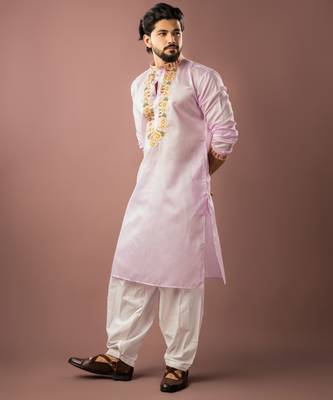 Baby pink color smart embroidered kurta for rich classy men's looks 3