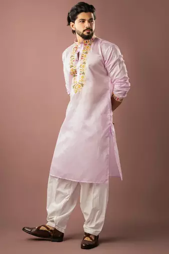 Baby pink color smart embroidered kurta for rich classy men's looks