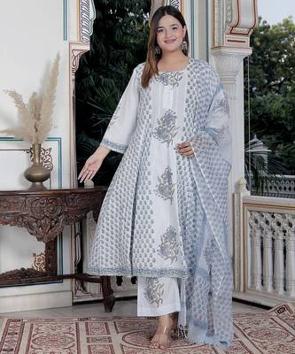 Blue block print anarkali kurta pant with duptta 1