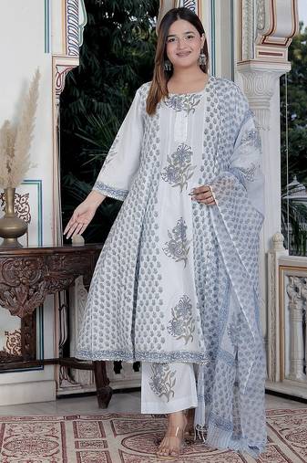 Blue block print anarkali kurta pant with duptta