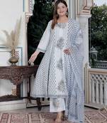 Blue block print anarkali kurta pant with duptta