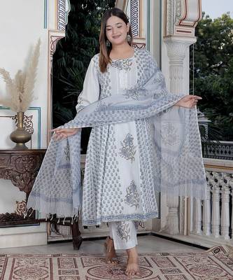 Blue block print anarkali kurta pant with duptta 2