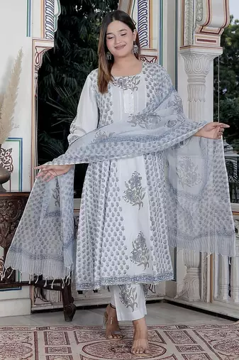 Blue block print anarkali kurta pant with duptta