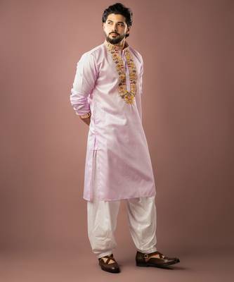 Baby pink color smart embroidered kurta for rich classy men's looks 4