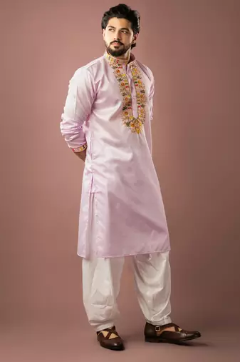 Baby pink color smart embroidered kurta for rich classy men's looks