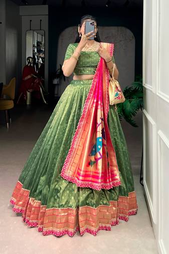 Bottle Green Shimmer Organza Zari Weaving Lehenga Choli with Wine Paithani Dupatta & Batwa