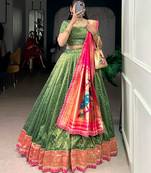 Bottle Green Shimmer Organza Zari Weaving Lehenga Choli with Wine Paithani Dupatta & Batwa