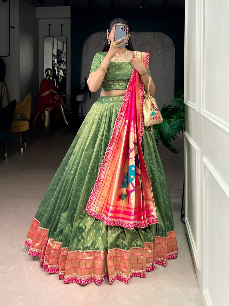 Bottle Green Shimmer Organza Zari Weaving Lehenga Choli with Wine Paithani Dupatta & Batwa