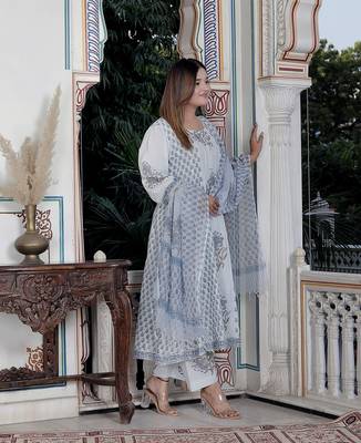 Blue block print anarkali kurta pant with duptta 3