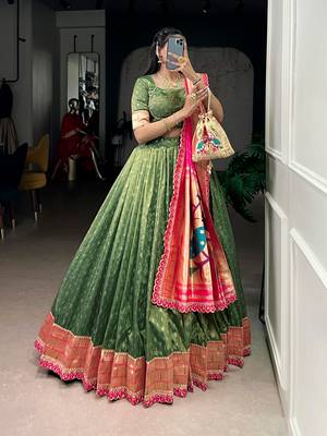 Bottle Green Shimmer Organza Zari Weaving Lehenga Choli with Wine Paithani Dupatta & Batwa 2