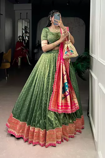 Bottle Green Shimmer Organza Zari Weaving Lehenga Choli with Wine Paithani Dupatta & Batwa