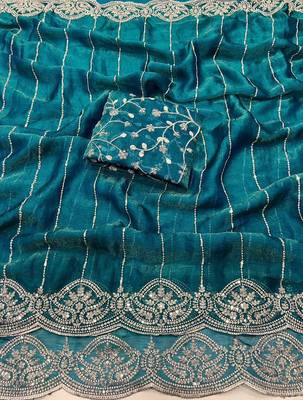 Teal Color  Sequence embroidery work with Cut work border  Chiffon art silk saree  1
