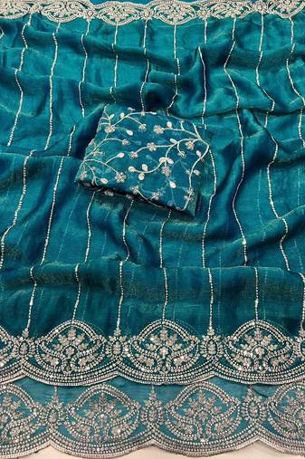 Teal Color  Sequence embroidery work with Cut work border  Chiffon Silk Saree 