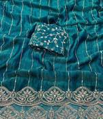 Teal Color  Sequence embroidery work with Cut work border  Chiffon Silk Saree 