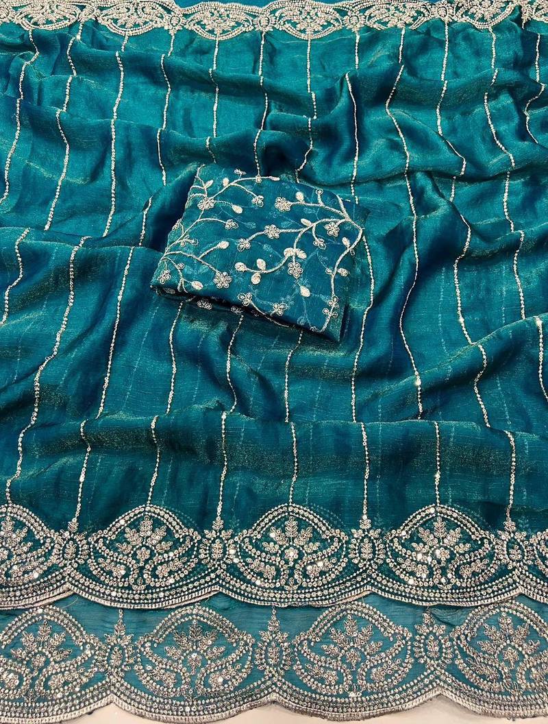 Teal Color  Sequence embroidery work with Cut work border  Chiffon Silk Saree 
