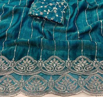 Teal Color  Sequence embroidery work with Cut work border  Chiffon art silk saree  2