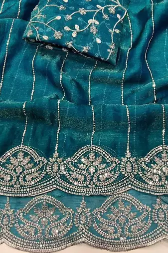 Teal Color  Sequence embroidery work with Cut work border  Chiffon art silk saree 