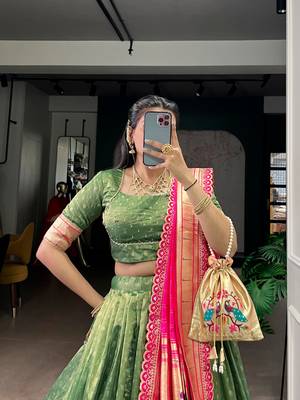 Bottle Green Shimmer Organza Zari Weaving Lehenga Choli with Wine Paithani Dupatta & Batwa 3