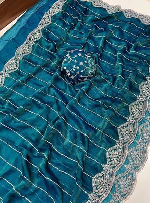 Teal Color  Sequence embroidery work with Cut work border  Chiffon art silk saree  3