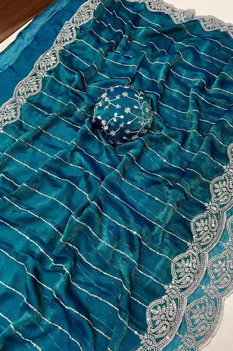Teal Color  Sequence embroidery work with Cut work border  Chiffon art silk saree 