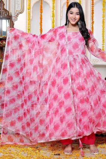 Rose pink organza anarkali kurta pant with duptta