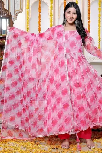 Rose pink organza anarkali kurta pant with duptta