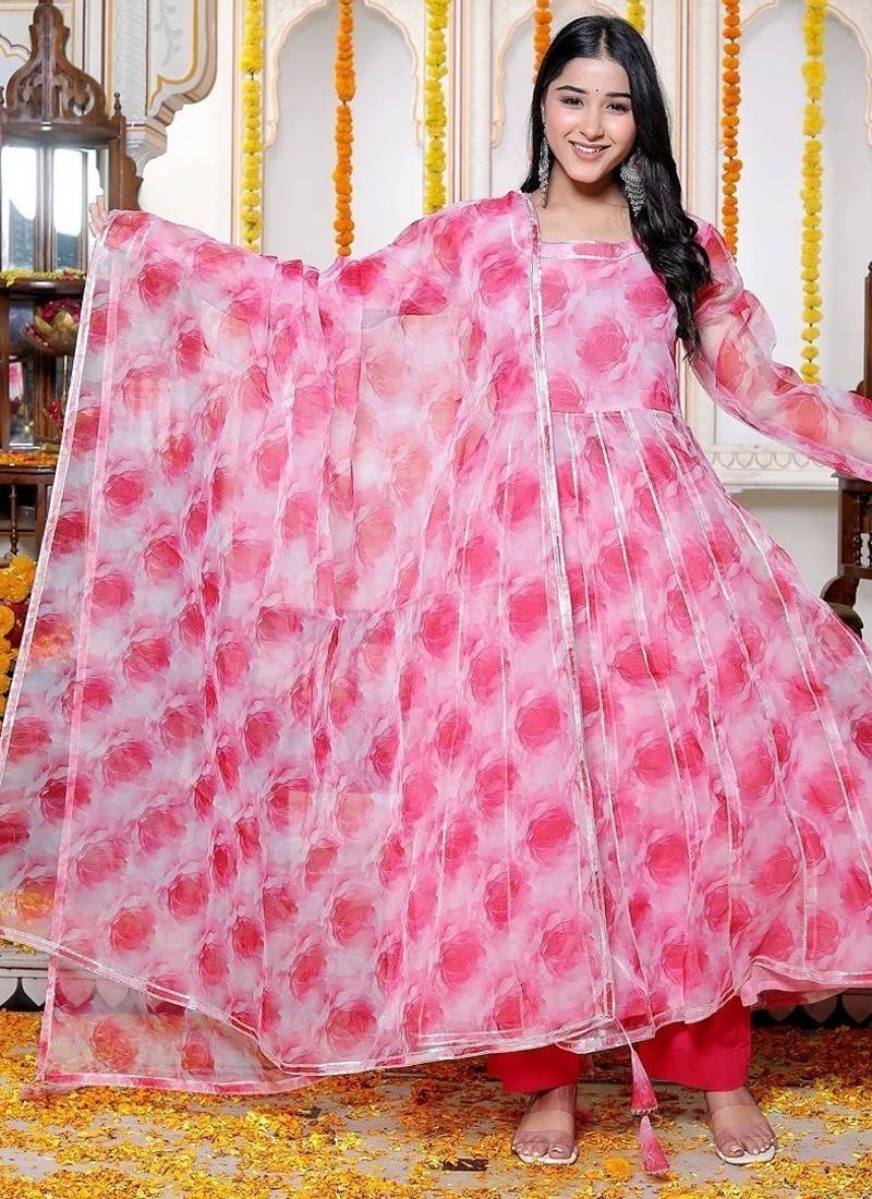 Rose pink organza anarkali kurta pant with duptta