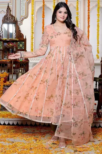 Peach organjza anarkali kurta pant with duptta