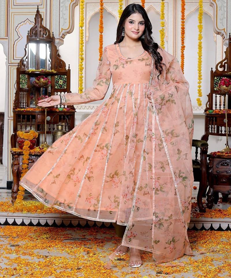 Peach organjza anarkali kurta pant with duptta