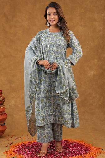 Blue jaal block print  kurta pant with duptta