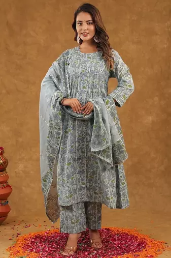 Blue jaal block print  kurta pant with duptta