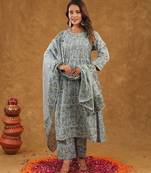 Blue jaal block print  kurta pant with duptta