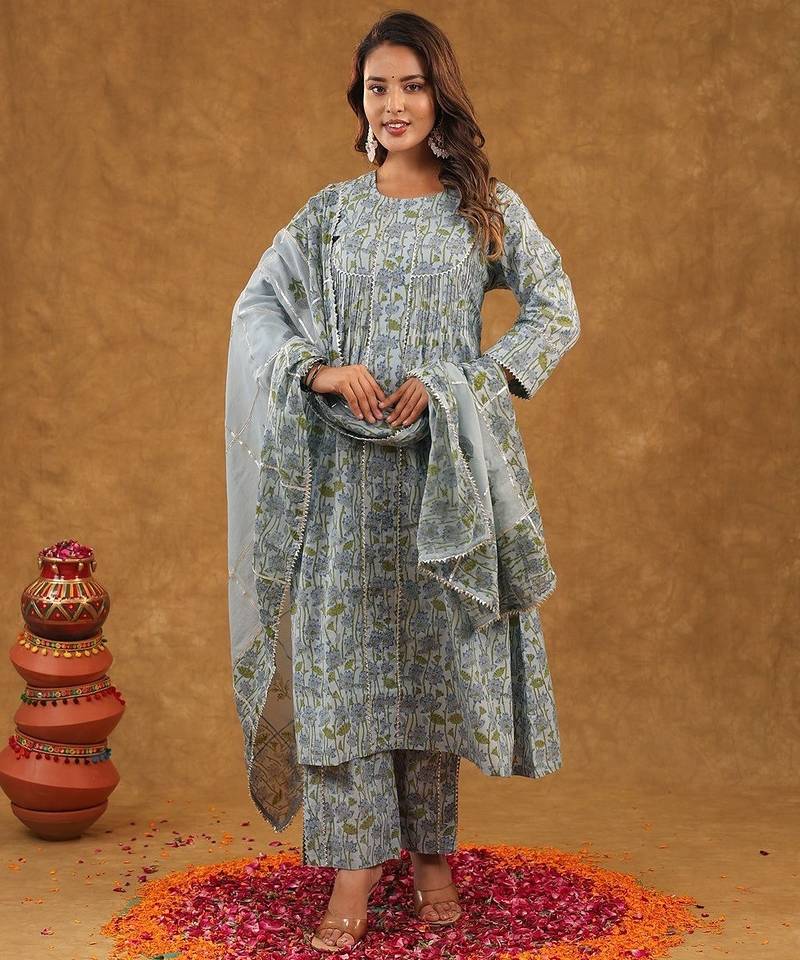 Blue jaal block print  kurta pant with duptta