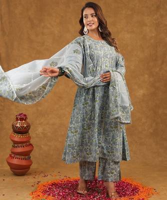 Blue jaal block print  kurta pant with duptta 2