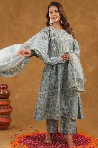 Blue jaal block print  kurta pant with duptta